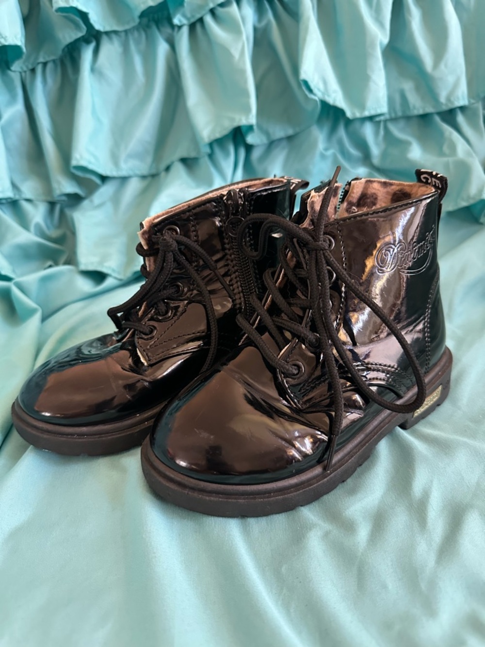 Kids Black Patent Lace-Up Boots
